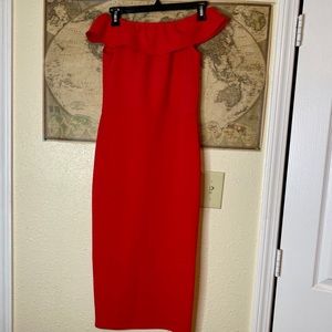 Red off-shoulder midi dress